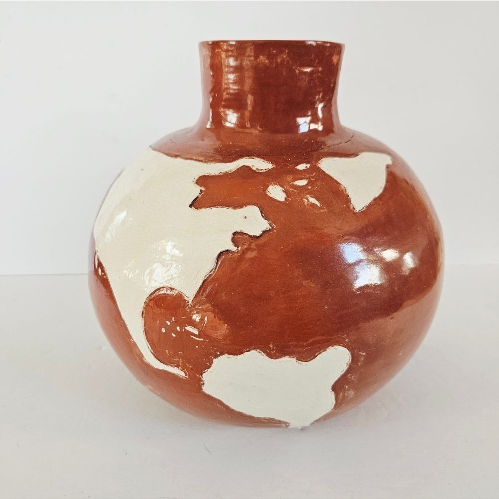 Vintage Handmade Artisan Terracotta Glazed Large Round Globe Earth Table Vase